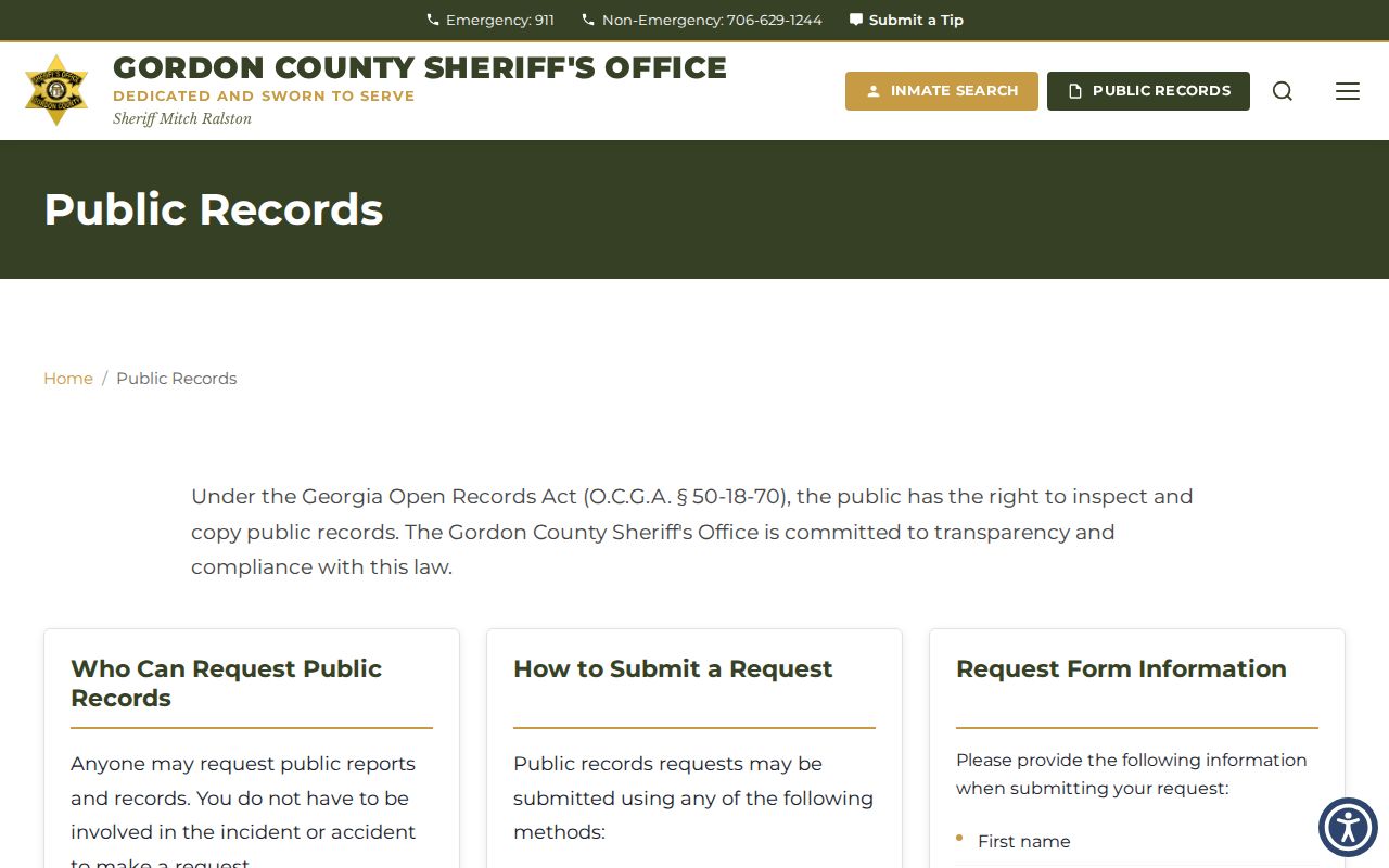 Gordon County warrant lookup public records request methods