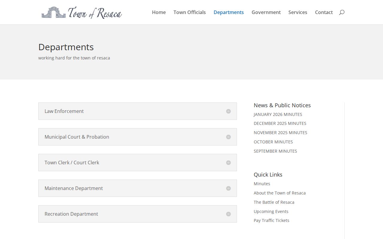 Resaca departments page describing sheriff contract and municipal court