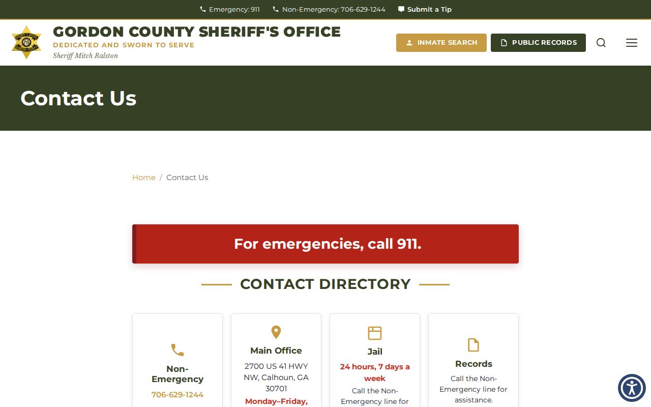 Gordon County warrant records sheriff contact page